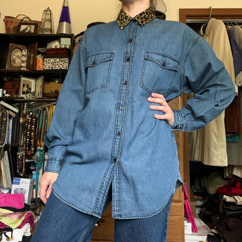 90s Solutions Denim Button-Up Shirt Leopard Collar Animal Print Funky - Picture 6 of 13